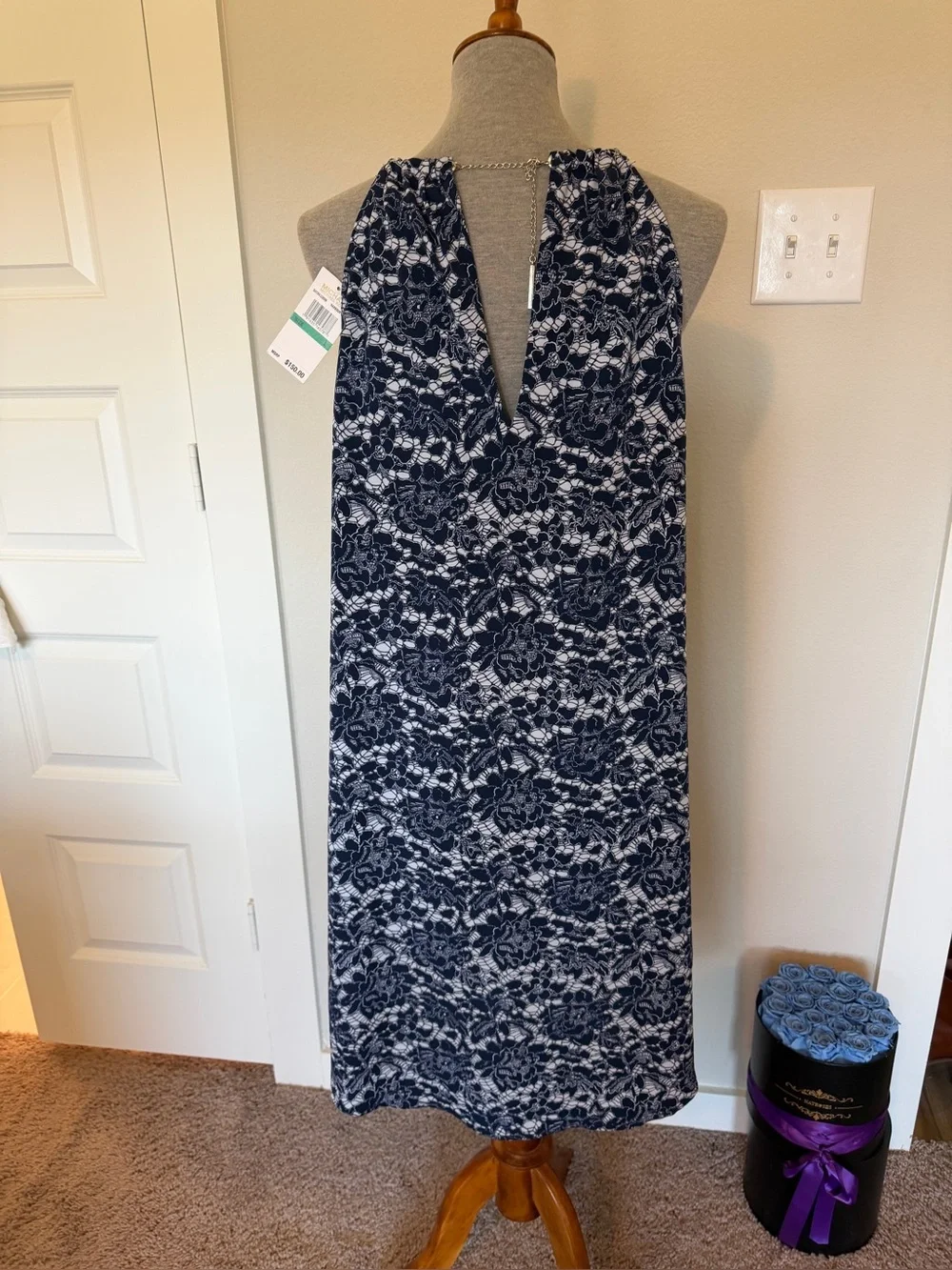 Michael Kors Navy and White Floral Halter Midi Dress with Chain Trim